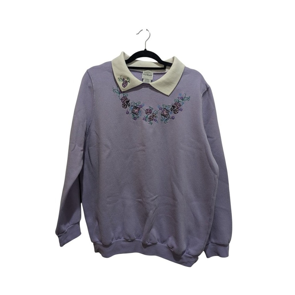 Vintage Sweatshirt Womens Medium Purple Floral Embroidered Collared Bon Worth